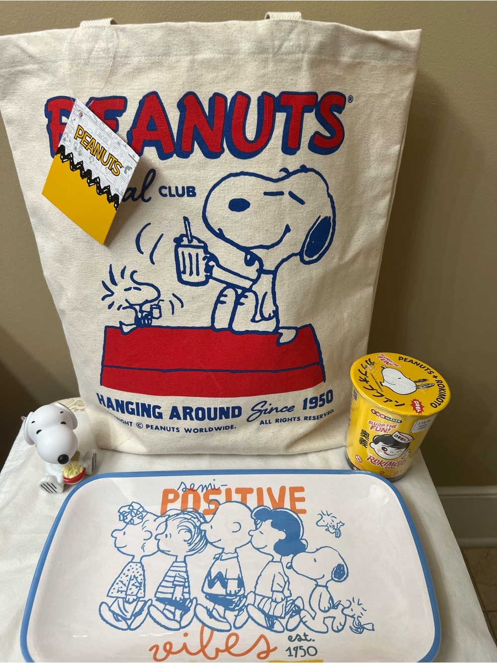 Snoopy peanuts Canvas Large Tote,Tray figure, Total Of 4 Items NWT